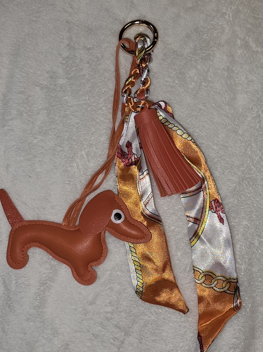 Orange Dachshund Bag Charm Keychain with Scarf and Tassel - Picture 2 of 4